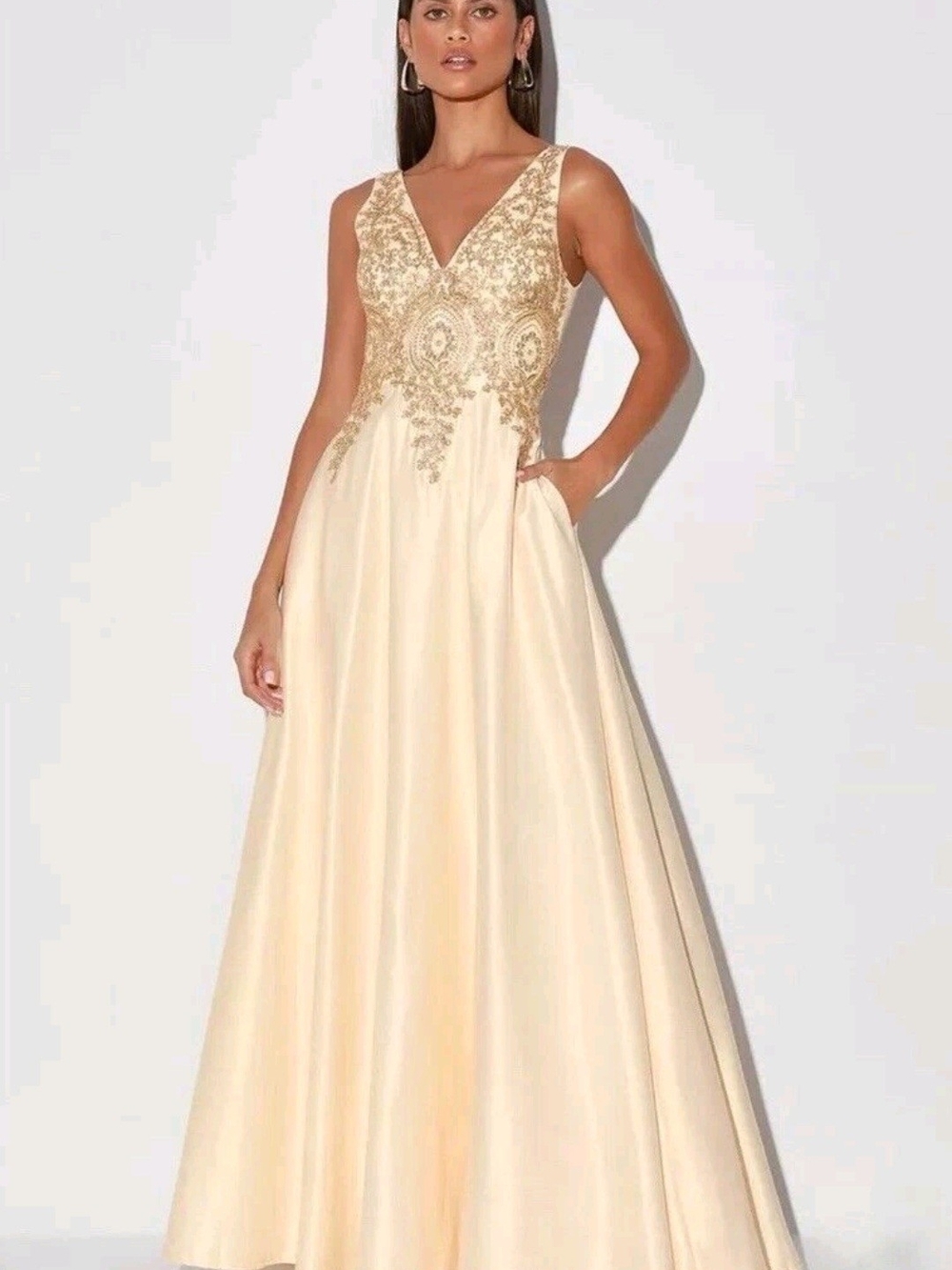 Lulu's Cream A-Line Gown with Gold Embroidered Bodice